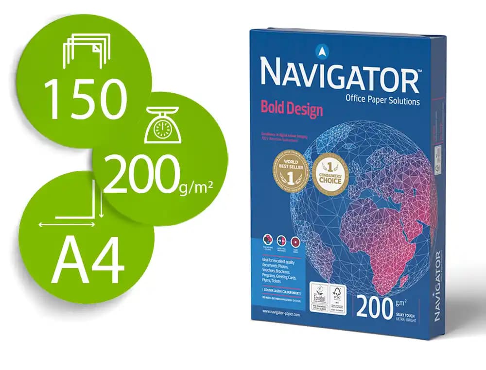 Navigator Papel fotocopiadora navigator bold design din a4 200 gr papel multiuso ink-jet y laser paquete de 150 hojas