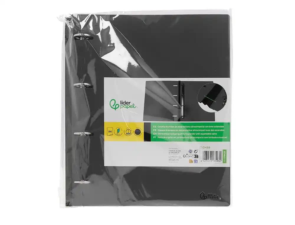 Carpeta ultracompacta Liderpapel A4 de polipropileno con 4 anillas redondas de 25 mm y lomo extensible de 4 cm – Negro