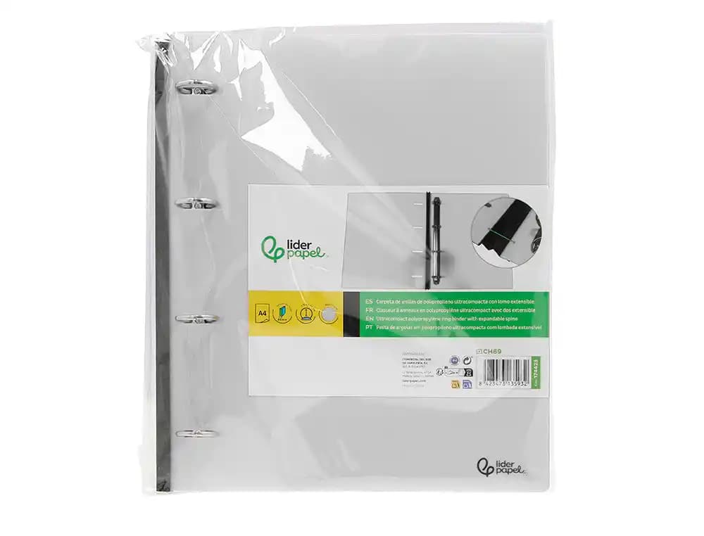 Carpeta liderpapel 4 anillas redondas 25 mm polipropileno din a4 ultra compacta con lomo extensible 4 cm