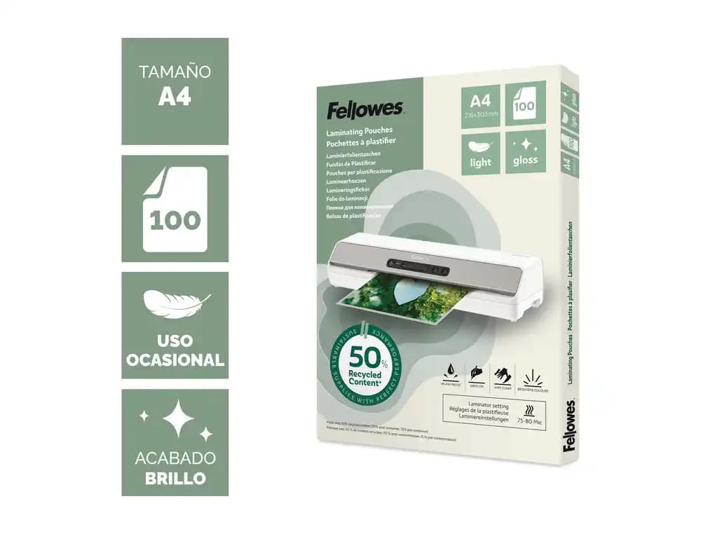 Bolsa de plastificar fellowes recicladas brillo 80 mc pack de 100 unidades