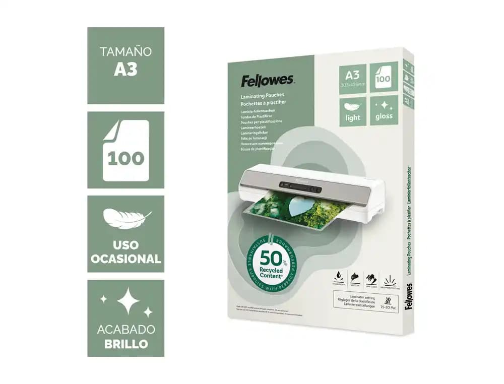 Bolsa de plastificar Fellowes brillo de 80 micras, pack de 100 unidades – A3
