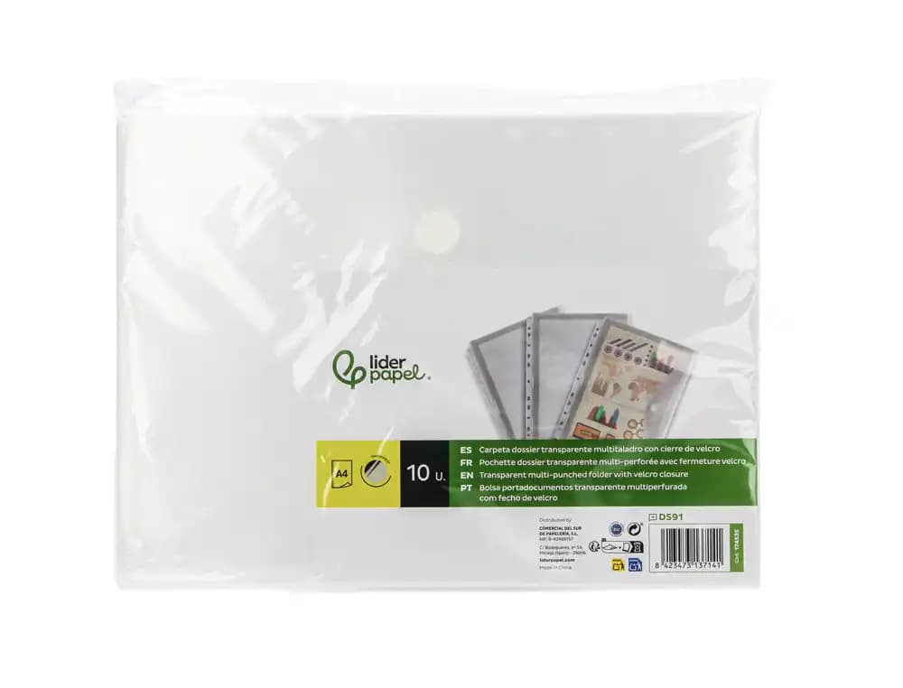 Carpeta liderpapel dossier broche polipropileno a4 cierre de velcro 180 micras 11 taladros transparente