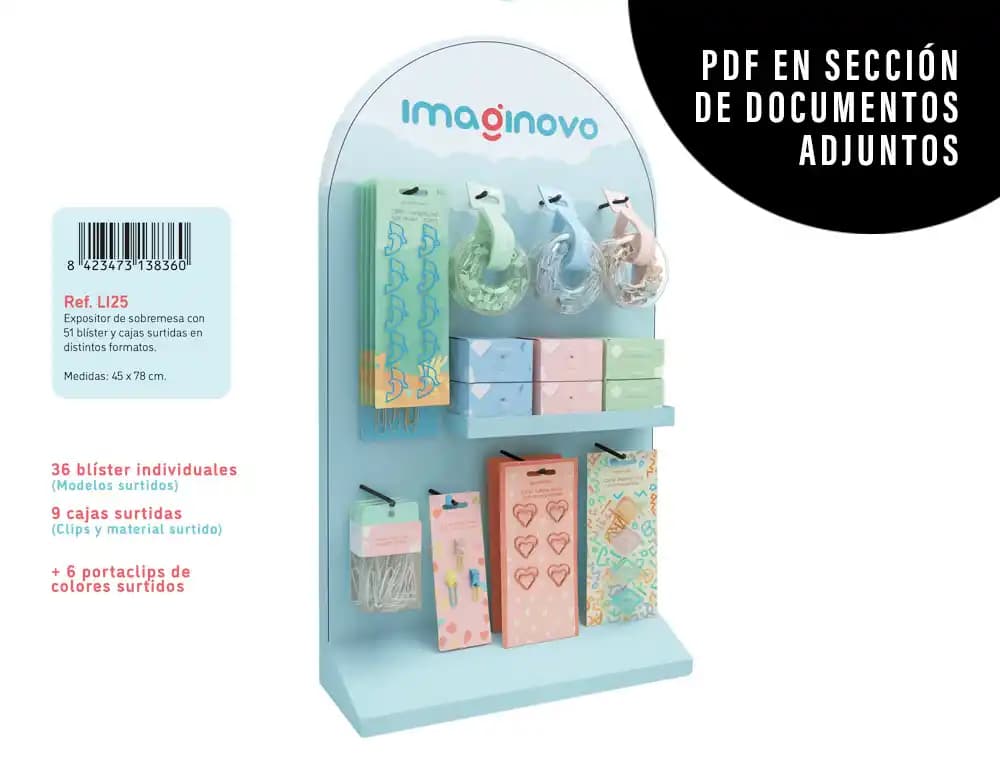 Imaginovo Clips Imaginovo expositor de sobremesa con 36 blíster + 9 cajas surtidas + 6 portaclips colores surtidos 450x780 mm