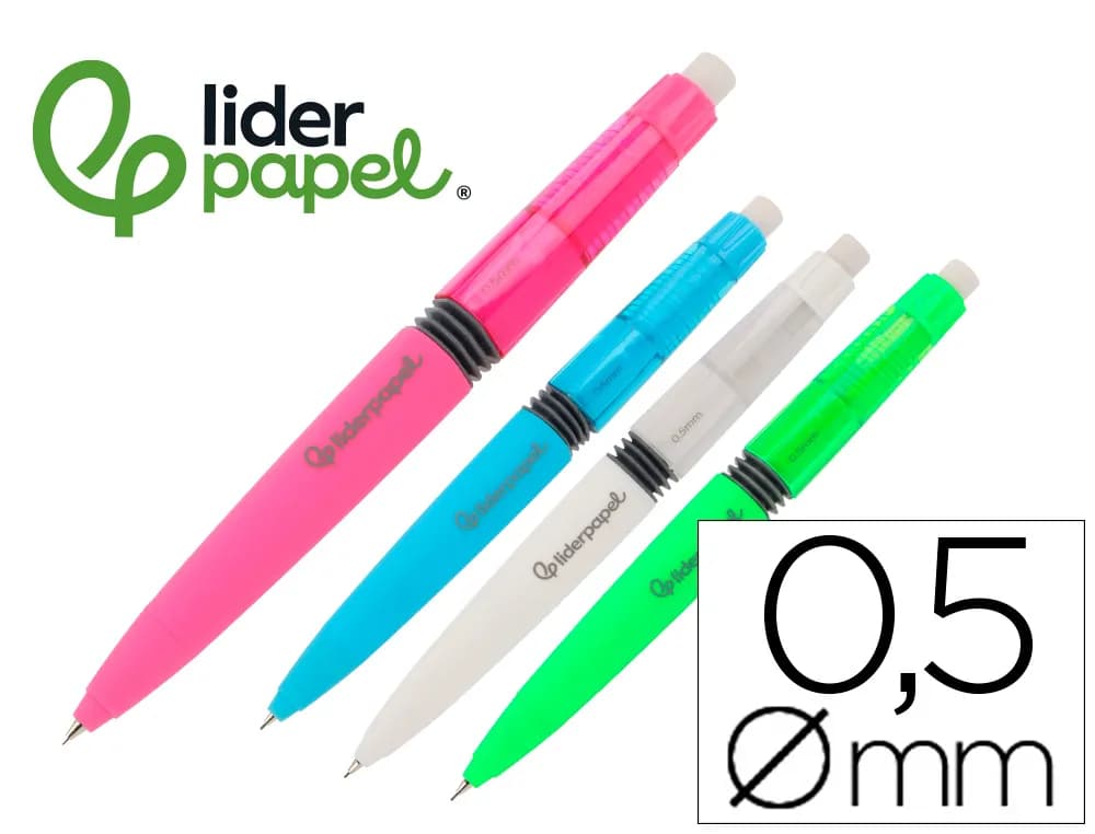 Liderpapel Portaminas Liderpapel colección 2 con fuelle y goma con acabado soft touch 0,5 mm 4 colores surtidos