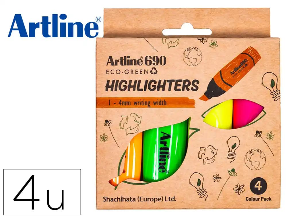 Artline Rotulador artline fluorescente ek-690 eco green punta biselada blister con 4 unidades colores surtidos
