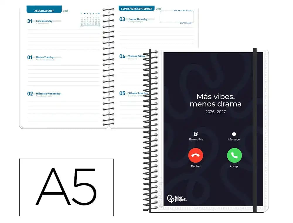 Liderpapel Agenda escolar 2026-2027 Liderpapel Personalizable con espiral, semana vista A5 (bilingüe)