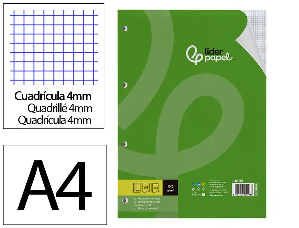 Liderpapel Recambio Liderpapel A4 120 hojas 90g cuadro 4mm 4 taladros bandas de 5 colores