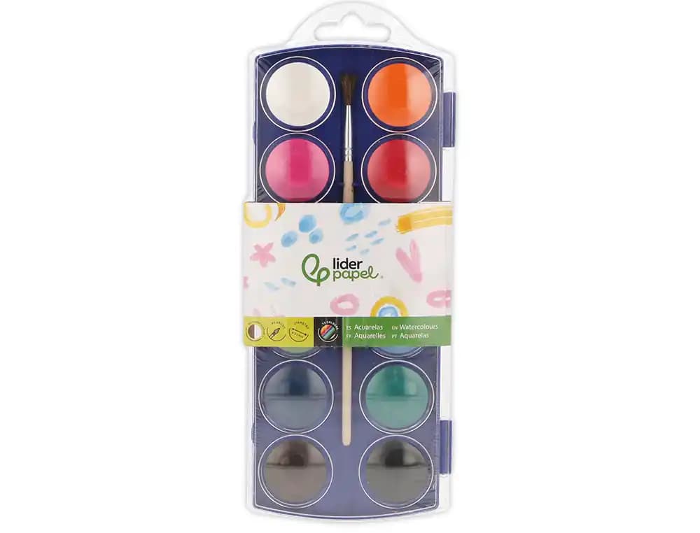 Liderpapel Acuarela Liderpapel 12 colores con pincel mango de madera estuche de plástico