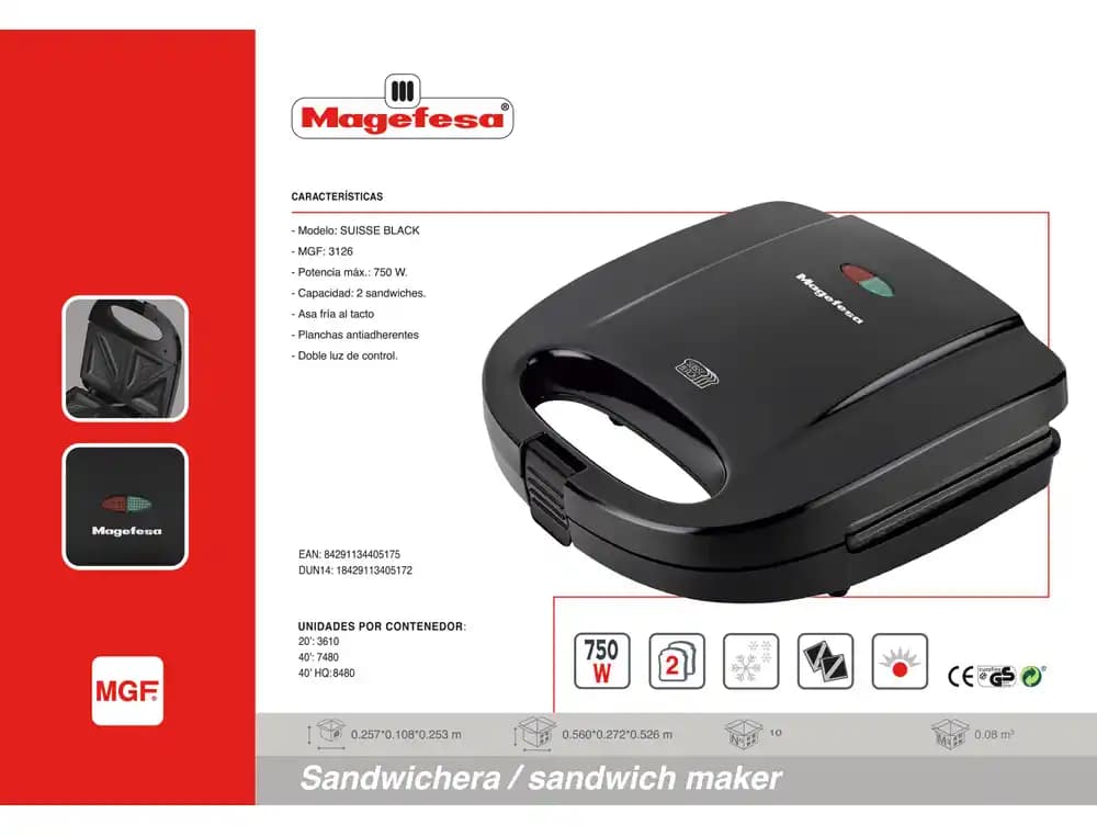 Sandwichera magefesa suisse black 750w con asa fria al tacto antiadherente