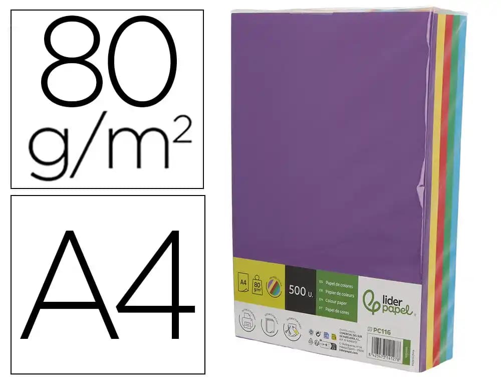 Liderpapel Papel de color Liderpapel DIN A4 de 80 g en 5 colores intensos surtidos, paquete de 500 hojas