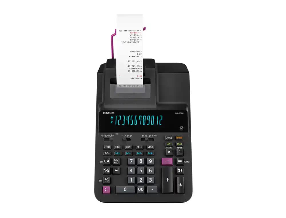 Casio Calculadora Casio DR-200R impresora pantalla fluor papel 58 mm impresión bicolor 12 dígitos ac/dc color negro