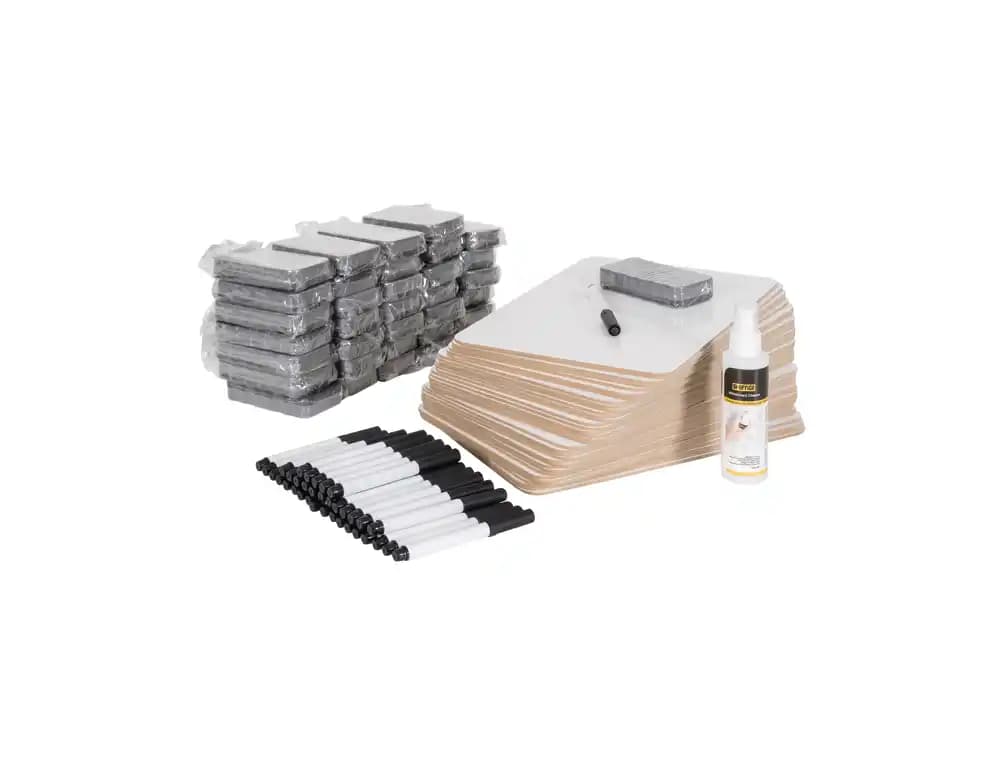 Set escolar bi-office 35 pizarra blanca melamina doble cara a4 + 35 borradores + 35 rotuladores + 1 spray