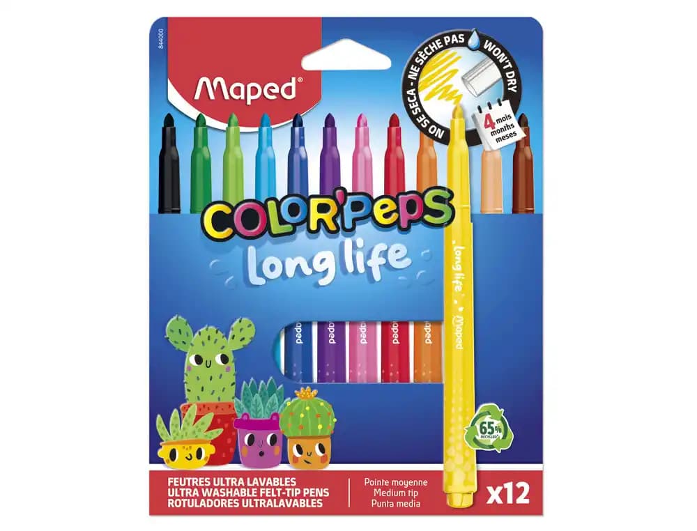 Rotulador Maped color peps long life lavable punta media caja de 12 unidades colores surtidos