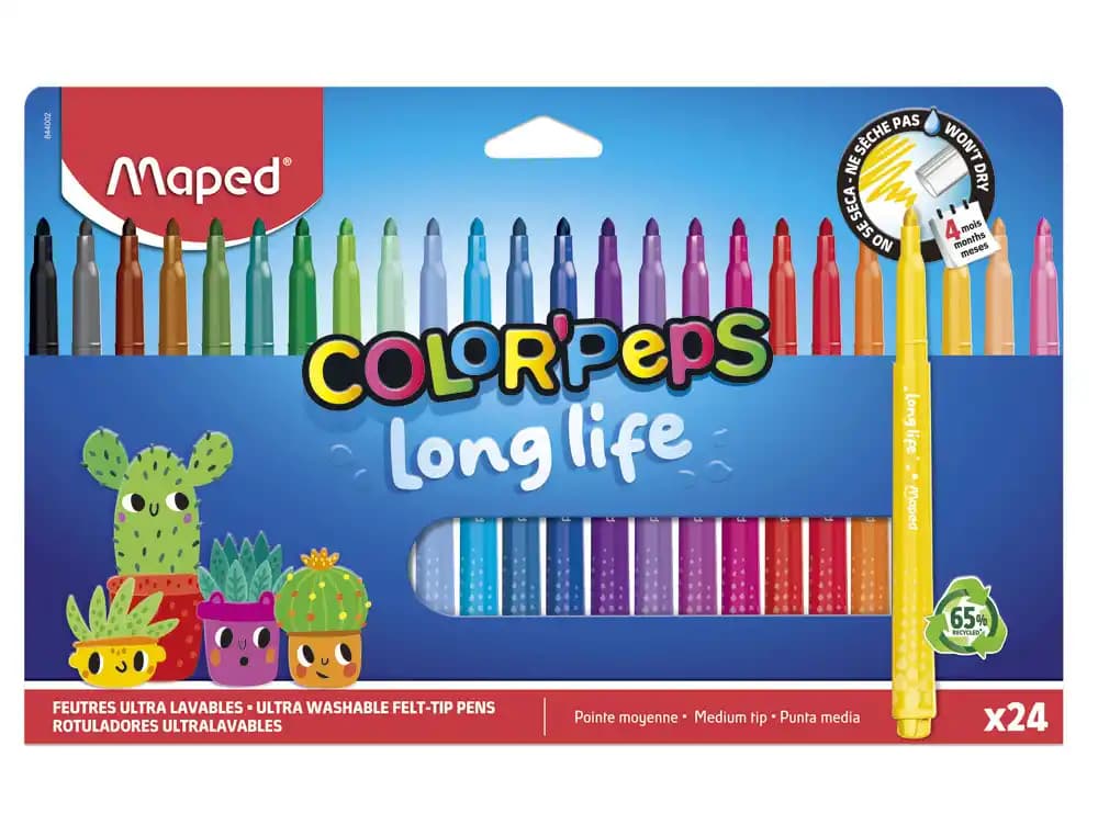 Rotulador Maped color peps long life lavable punta media caja de 24 unidades colores surtidos