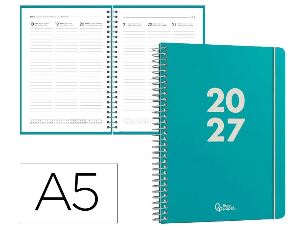 Agenda 2027 Liderpapel Basic con espiral, semana vista A5 o día página A6 · A5 · Semana vista · Turquesa