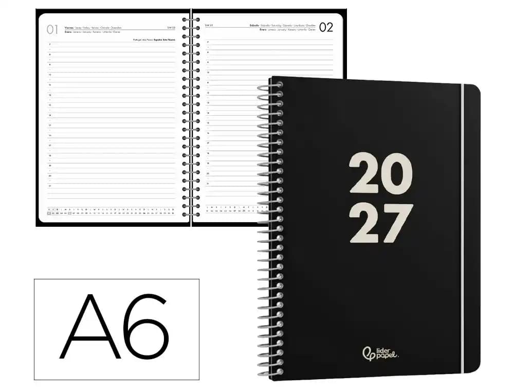 Agenda 2027 Liderpapel Basic con espiral, semana vista A5 o día página A6 · A6 · Día página · Negro