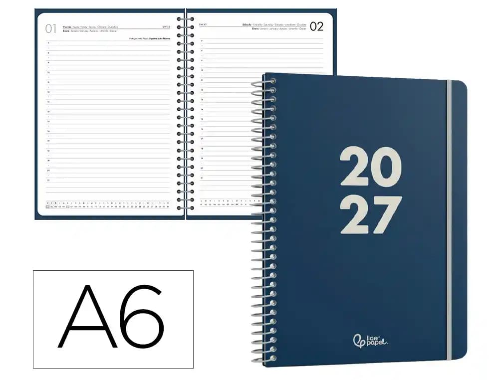 Agenda 2027 Liderpapel Basic con espiral, semana vista A5 o día página A6 · A6 · Día página · Azul