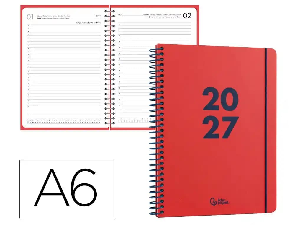 Agenda 2027 Liderpapel Basic con espiral, semana vista A5 o día página A6 · A6 · Día página · Rojo
