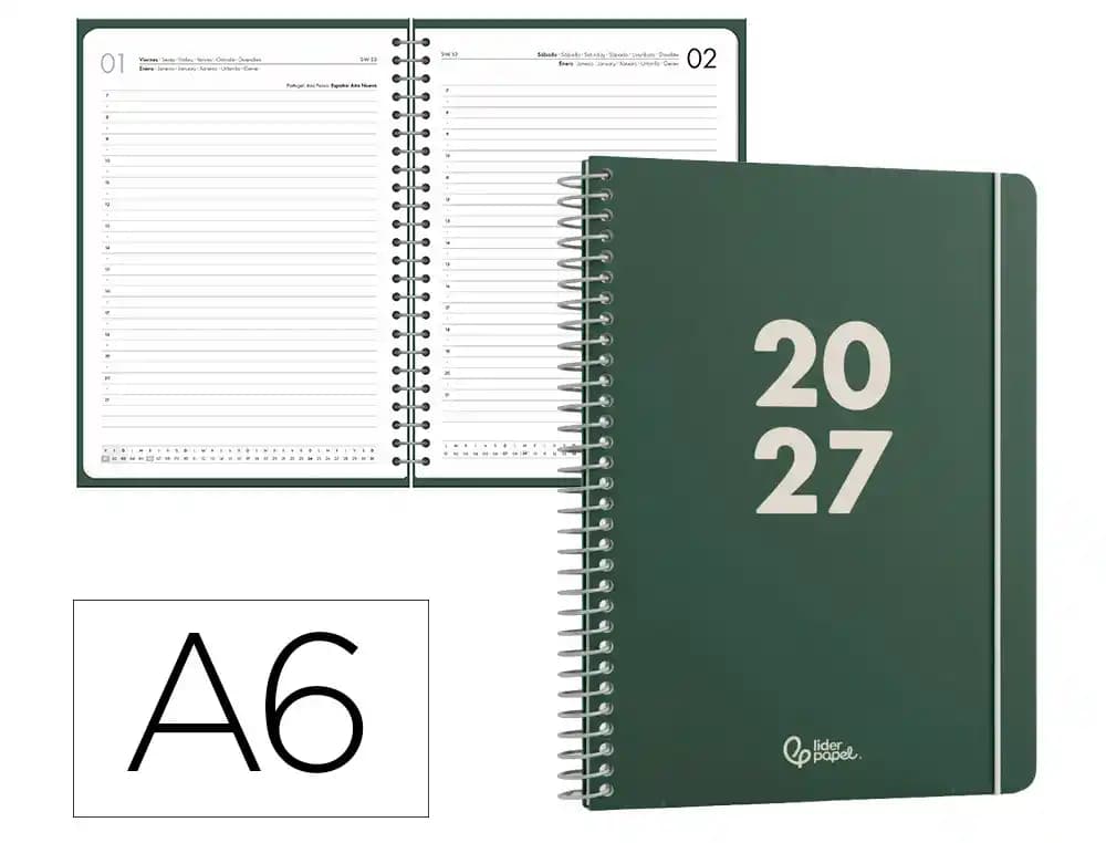 Agenda 2027 Liderpapel Basic con espiral, semana vista A5 o día página A6 · A6 · Día página · Verde