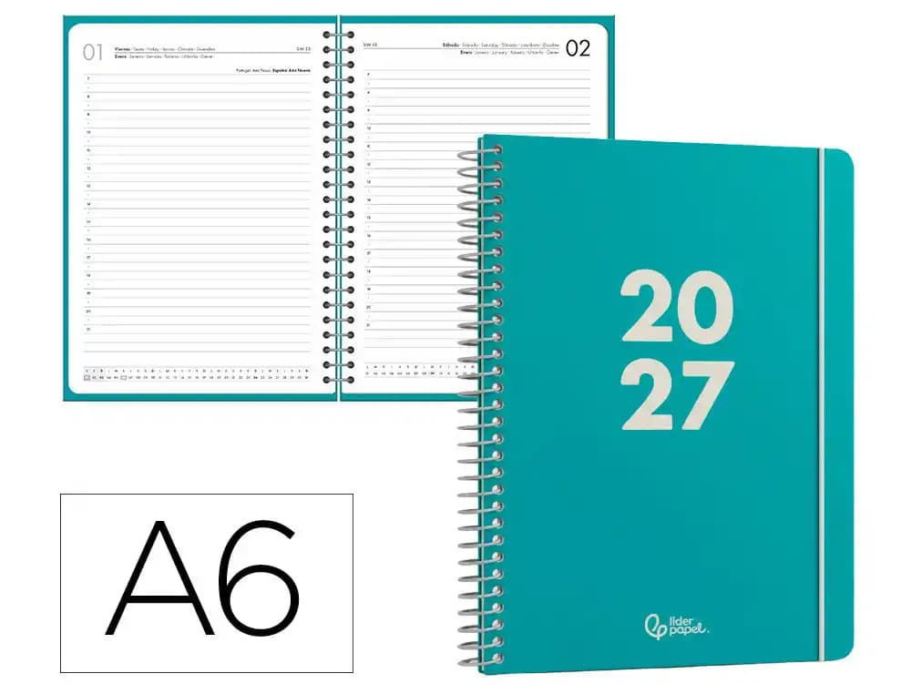 Agenda 2027 Liderpapel Basic con espiral, semana vista A5 o día página A6 · A6 · Día página · Turquesa