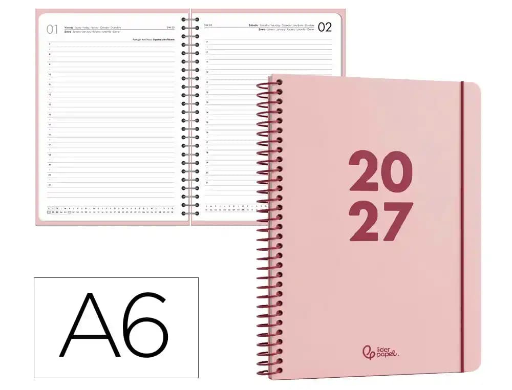 Agenda 2027 Liderpapel Basic con espiral, semana vista A5 o día página A6 · A6 · Día página · Rosa