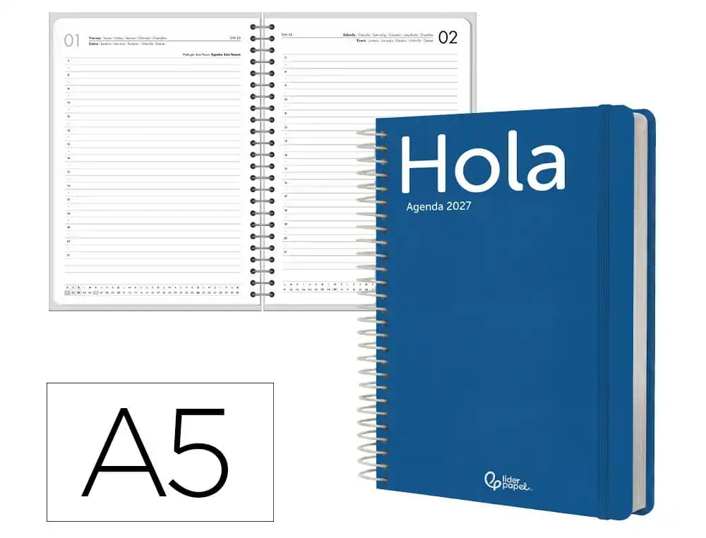 Agenda 2027 Liderpapel Classic con espiral, día página o semana vista, A4, A5 y A6 · A5 · Día página · Azul