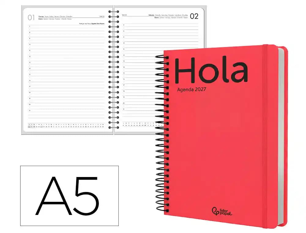 Agenda 2027 Liderpapel Classic con espiral, día página o semana vista, A4, A5 y A6 · A5 · Día página · Rojo