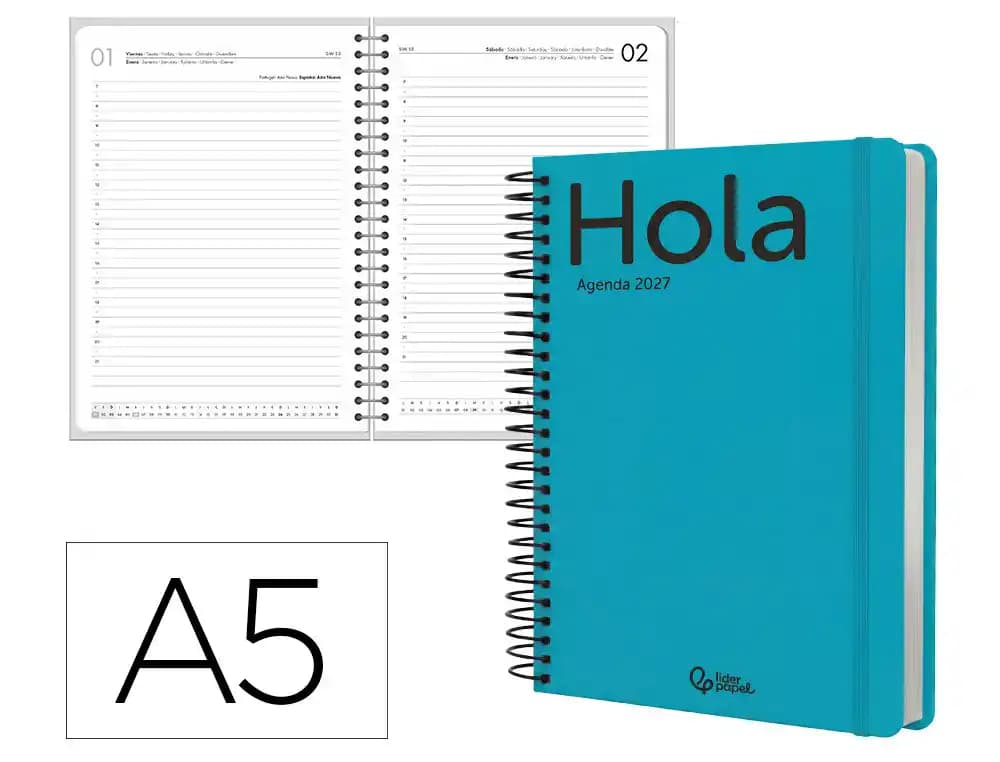 Agenda 2027 Liderpapel Classic con espiral, día página o semana vista, A4, A5 y A6 · A5 · Día página · Turquesa