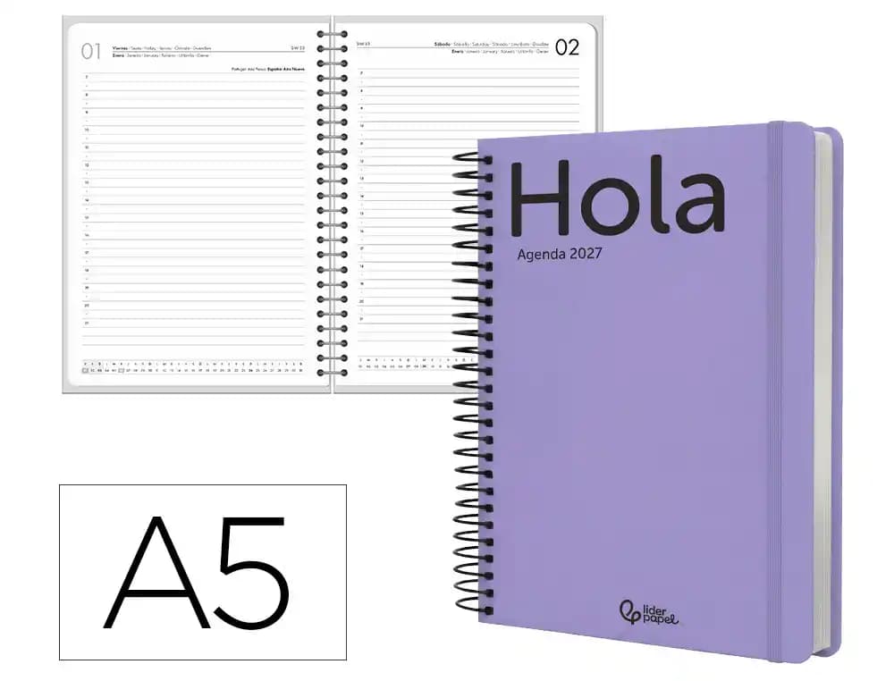 Agenda 2027 Liderpapel Classic con espiral, día página o semana vista, A4, A5 y A6 · A5 · Día página · Malva