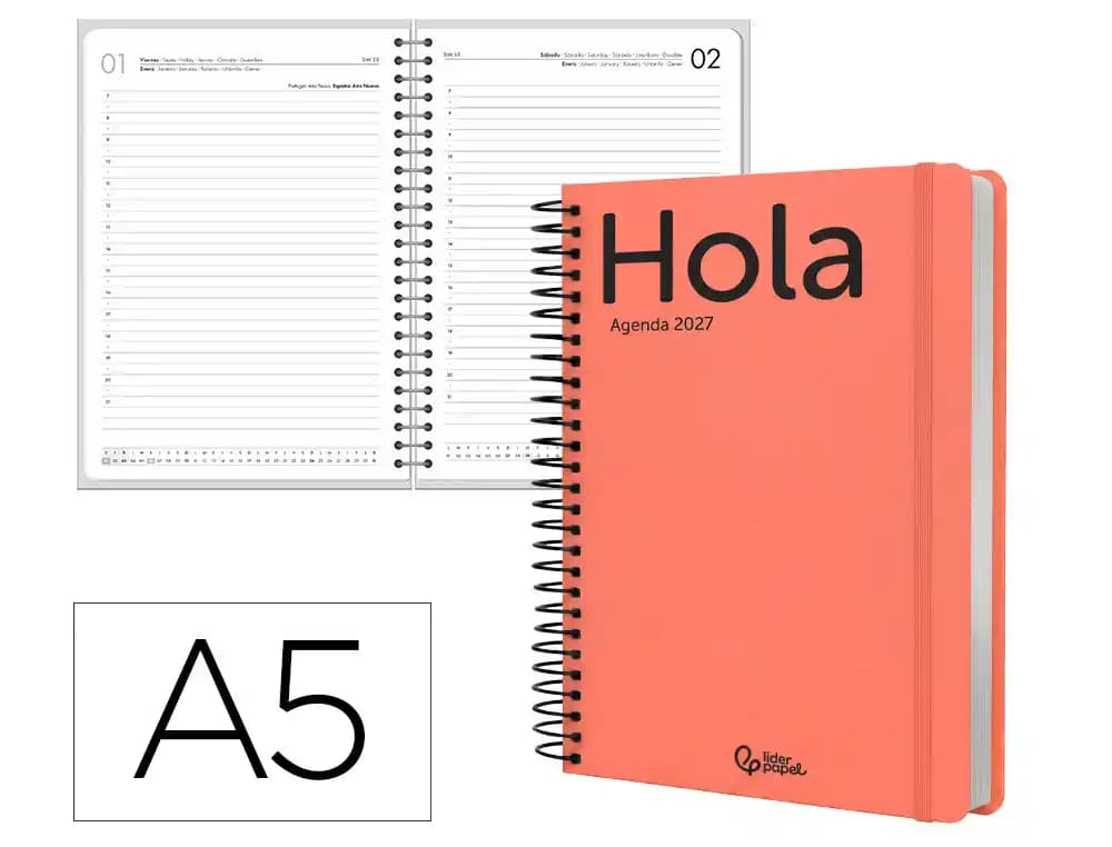 Agenda 2027 Liderpapel Classic con espiral, día página o semana vista, A4, A5 y A6 · A5 · Día página · Naranja