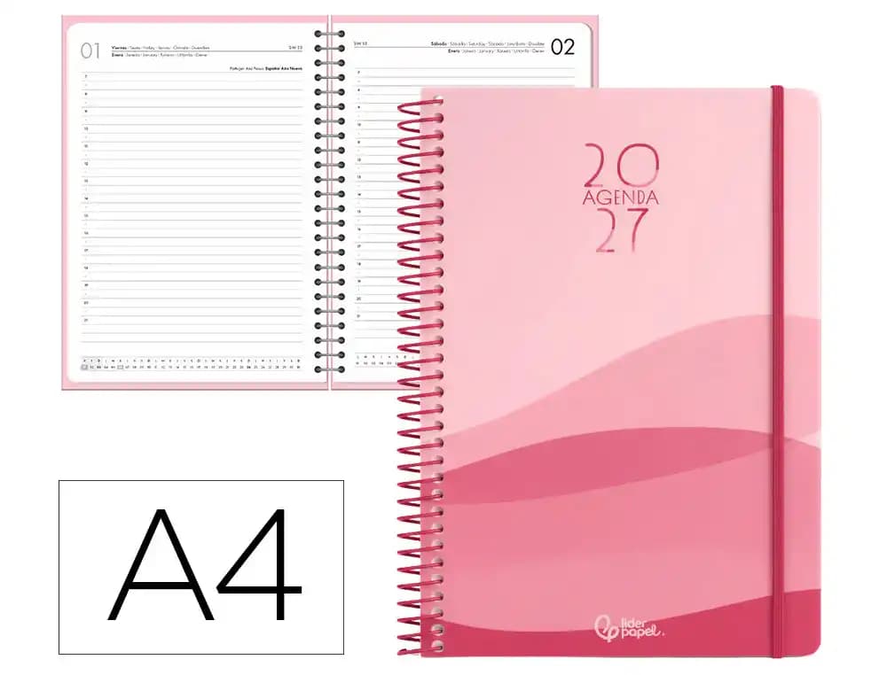 Agenda 2027 Liderpapel Gazi con espiral, día página, A4 y A5 · A4 · Rojo