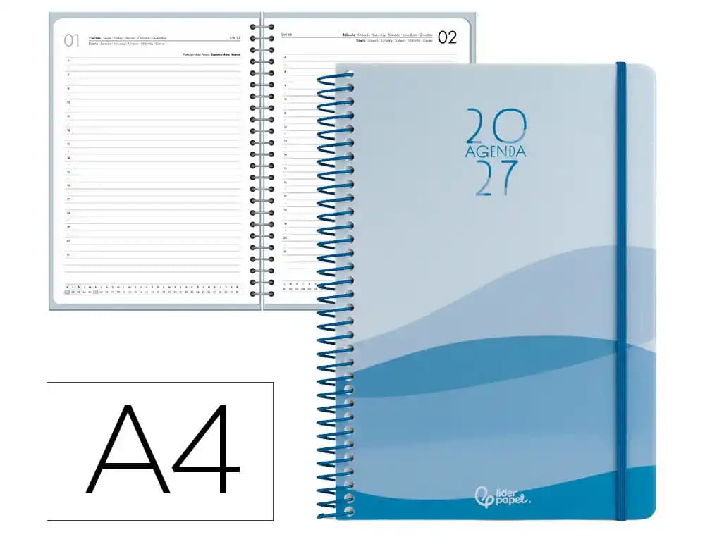 Agenda 2027 Liderpapel Gazi con espiral, día página, A4 y A5 · A4 · Azul