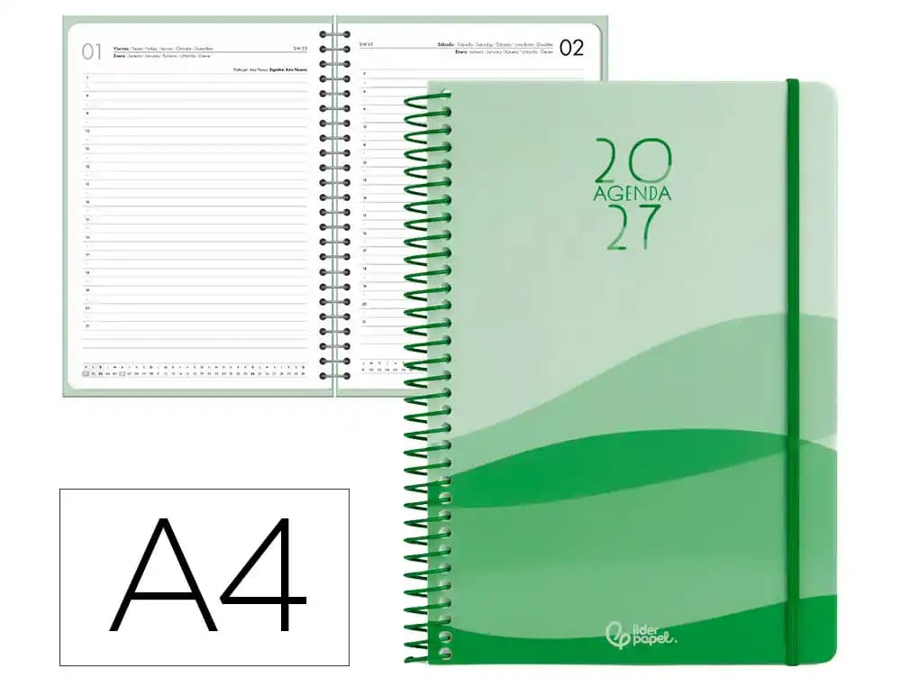 Agenda 2027 Liderpapel Gazi con espiral, día página, A4 y A5 · A4 · Verde