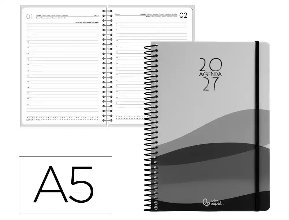 Agenda 2027 Liderpapel Gazi con espiral, día página, A4 y A5 · A5 · Negro