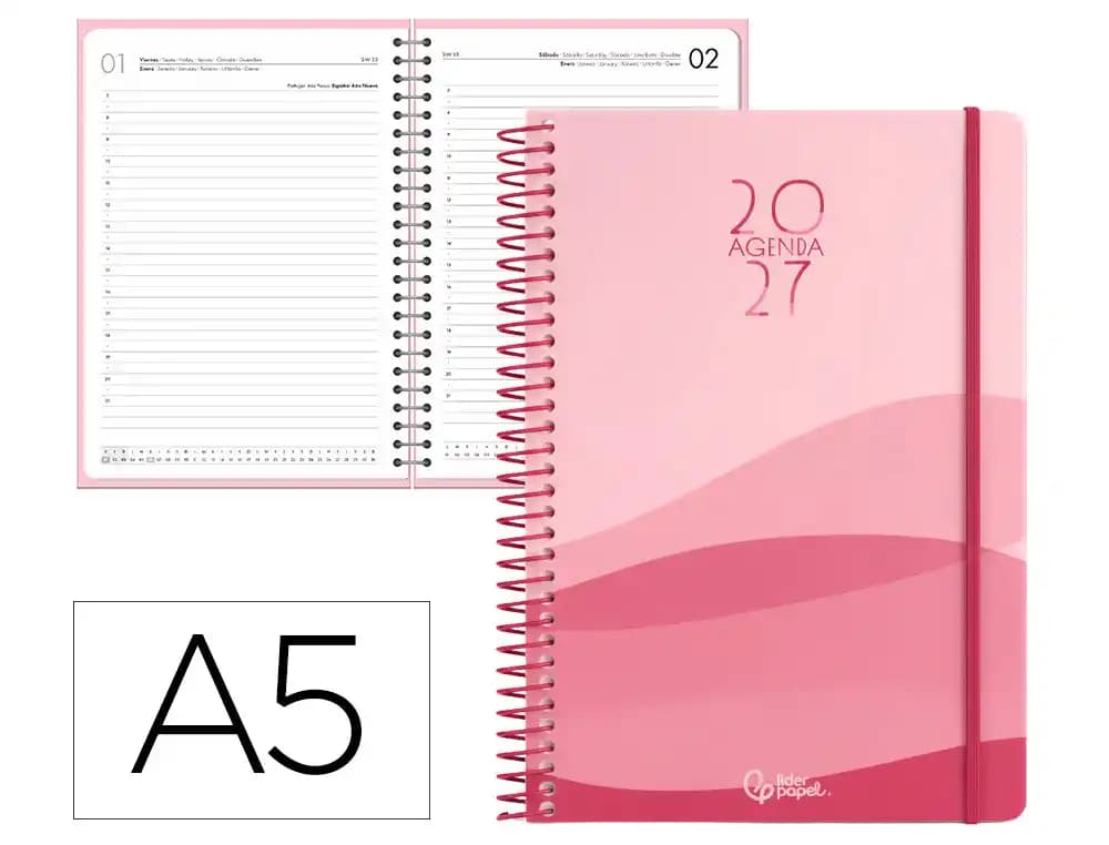 Agenda 2027 Liderpapel Gazi con espiral, día página, A4 y A5 · A5 · Rojo