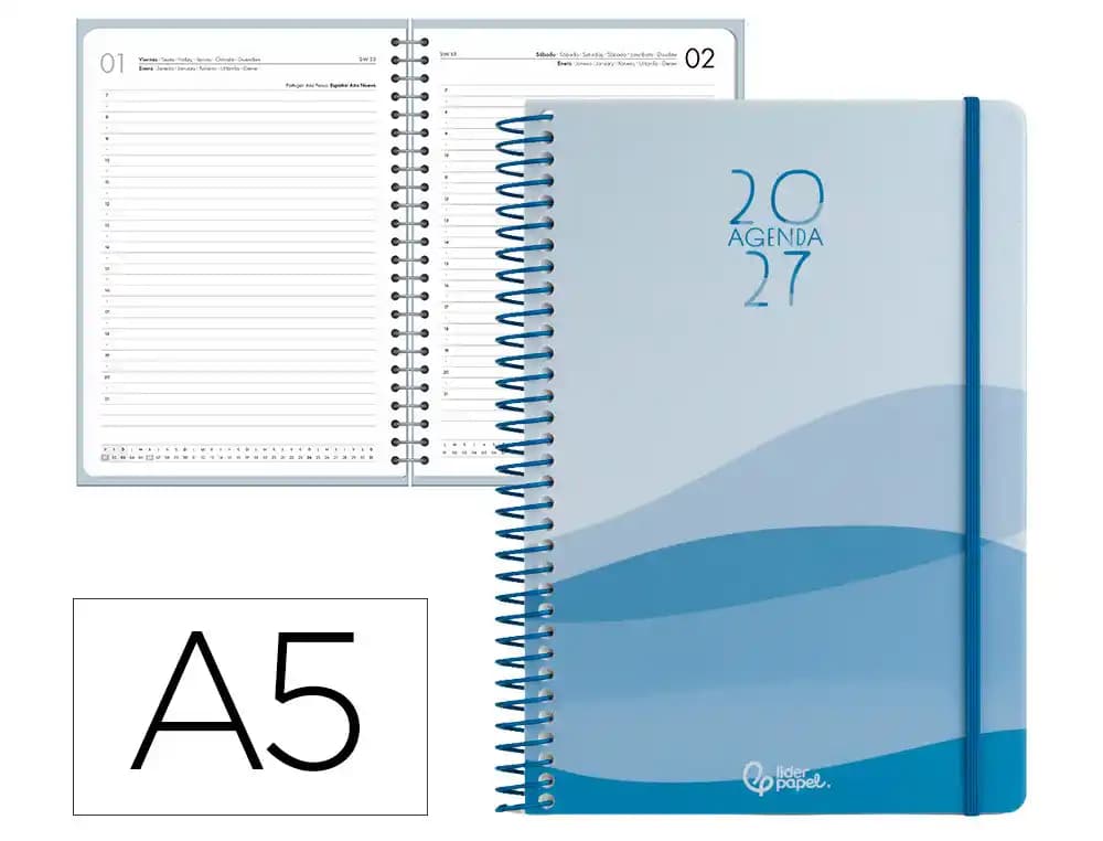 Agenda 2027 Liderpapel Gazi con espiral, día página, A4 y A5 · A5 · Azul