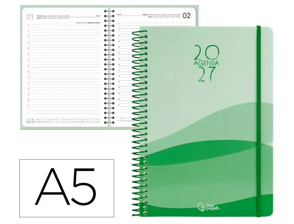 Agenda 2027 Liderpapel Gazi con espiral, día página, A4 y A5 · A5 · Verde