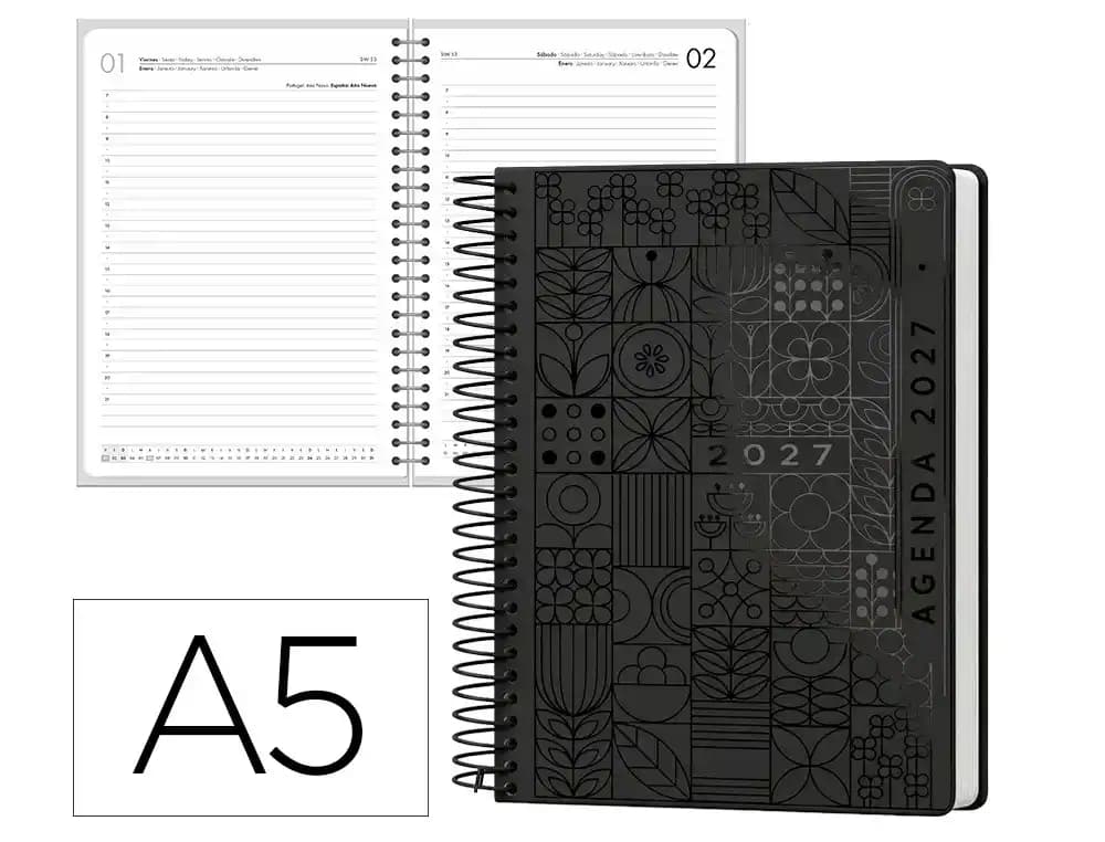 Agenda 2027 Liderpapel Syros con espiral, día página A5 (español, portugués y más idiomas) · Negro