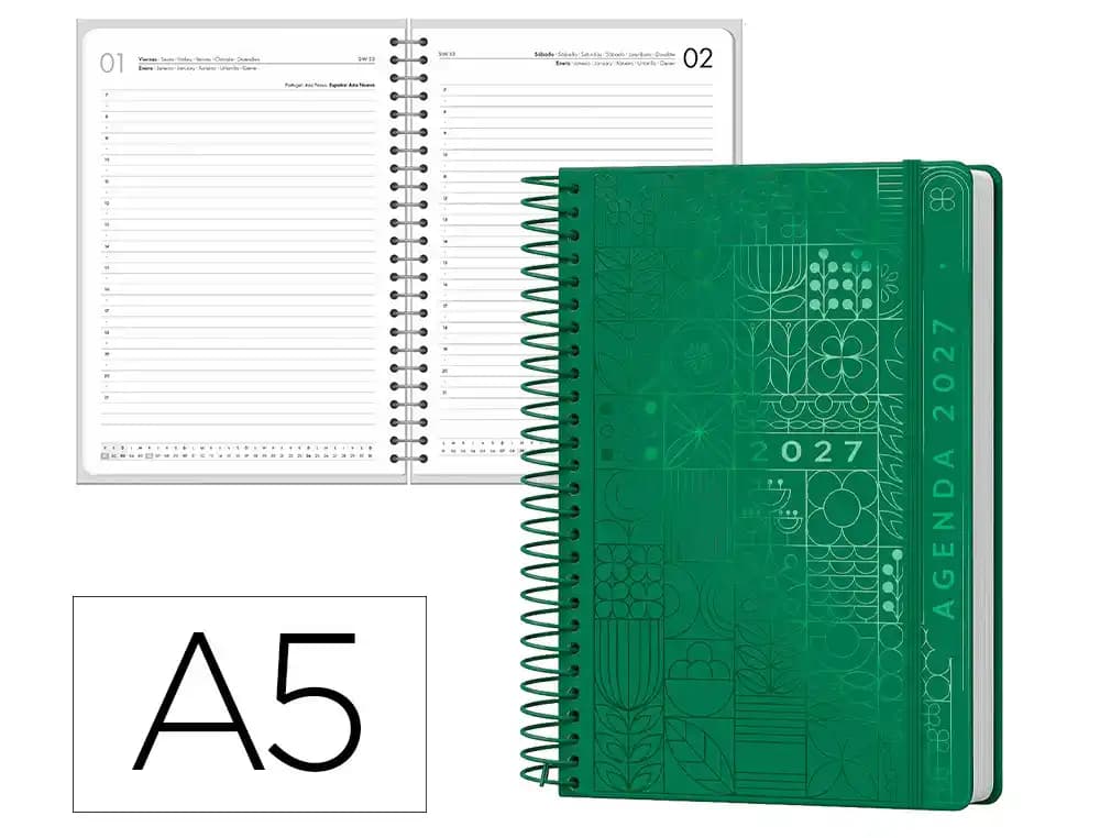 Agenda 2027 Liderpapel Syros con espiral, día página A5 (español, portugués y más idiomas) · Verde