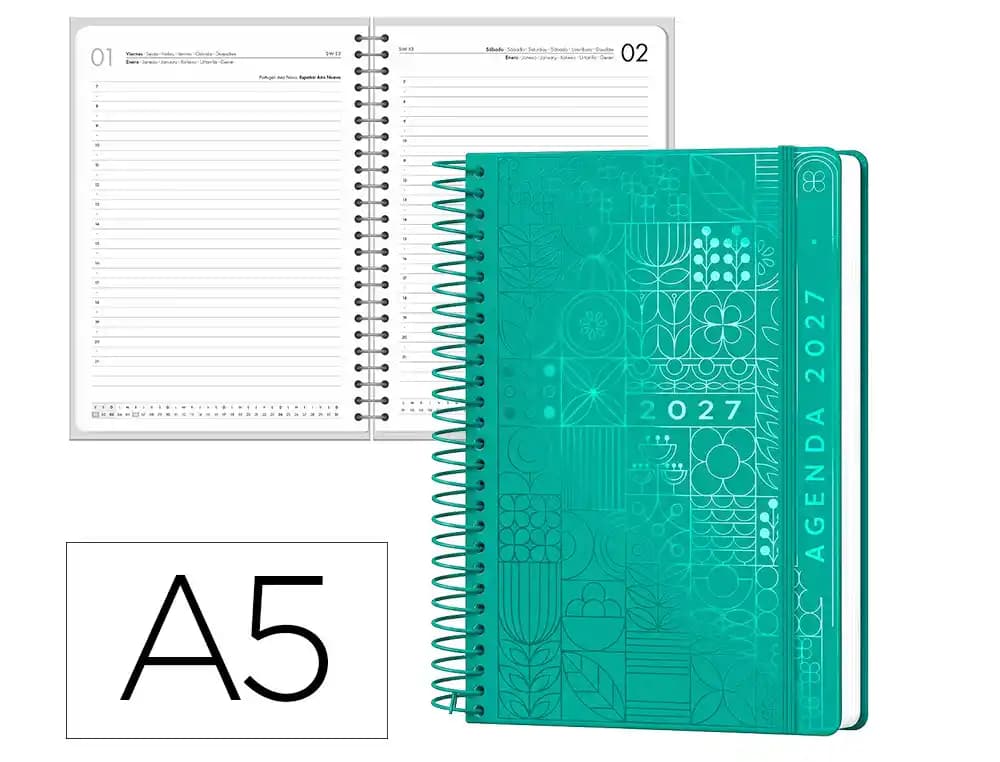 Agenda 2027 Liderpapel Syros con espiral, día página A5 (español, portugués y más idiomas) · Turquesa