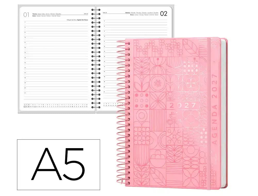 Agenda 2027 Liderpapel Syros con espiral, día página A5 (español, portugués y más idiomas) · Rosa