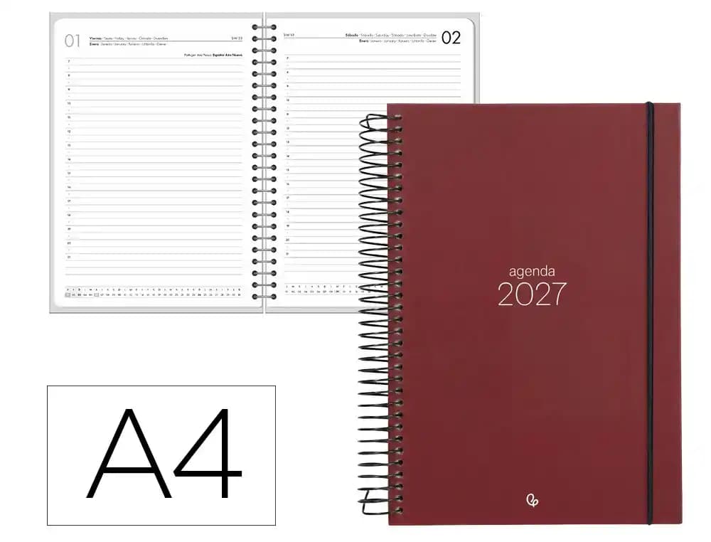 Agenda 2027 Liderpapel Olbia con espiral, día página A4 (bilingüe) · Rojo