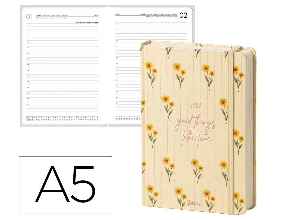 Agenda 2027 Liderpapel Flowers encuadernada, semana vista A5 (bilingüe) · Amarillo