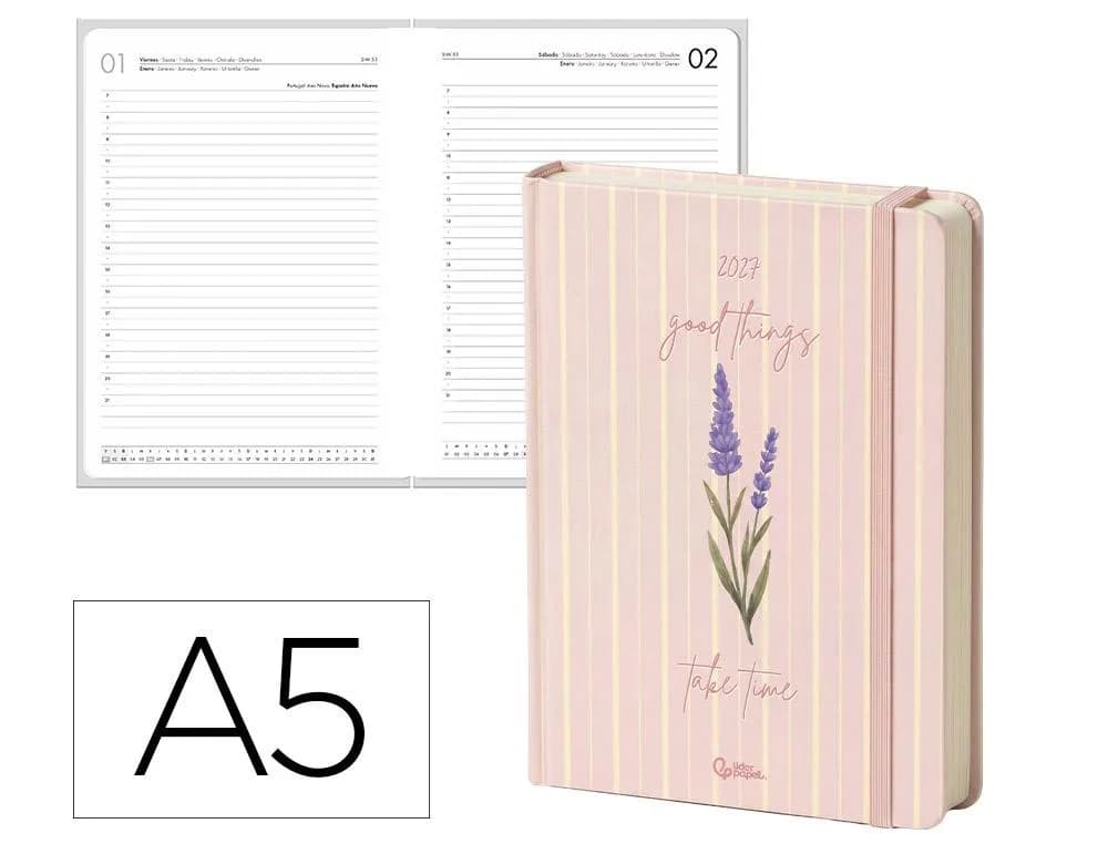 Agenda 2027 Liderpapel Flowers encuadernada, semana vista A5 (bilingüe) · Rosa