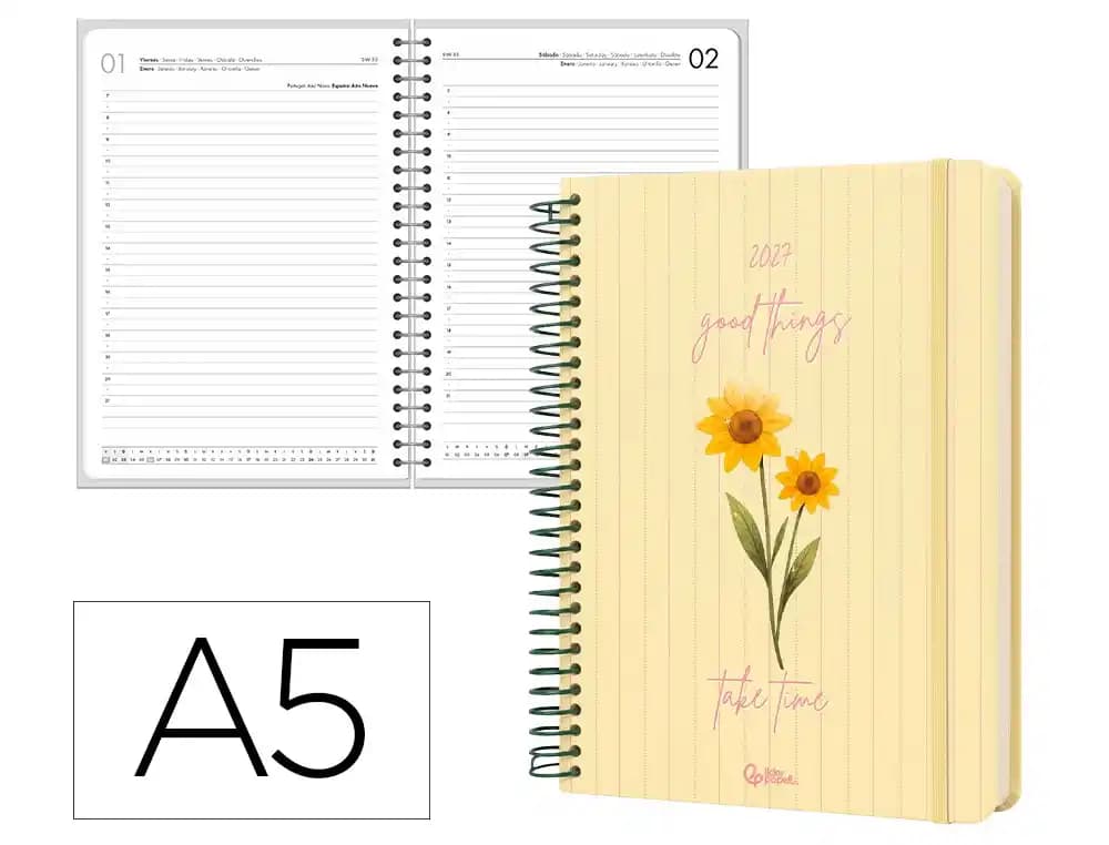 Agenda 2027 Liderpapel Flowers con espiral, día página A5 (bilingüe) · Amarillo