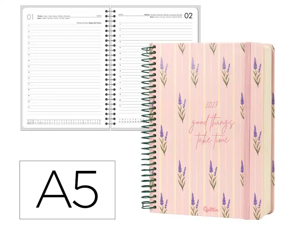 Agenda 2027 Liderpapel Flowers con espiral, día página A5 (bilingüe) · Rosa