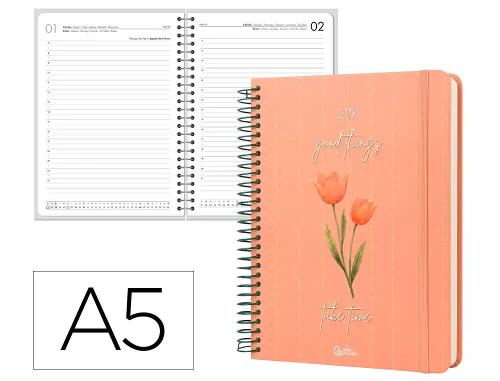 Agenda 2027 Liderpapel Flowers con espiral, día página A5 (bilingüe) · Naranja