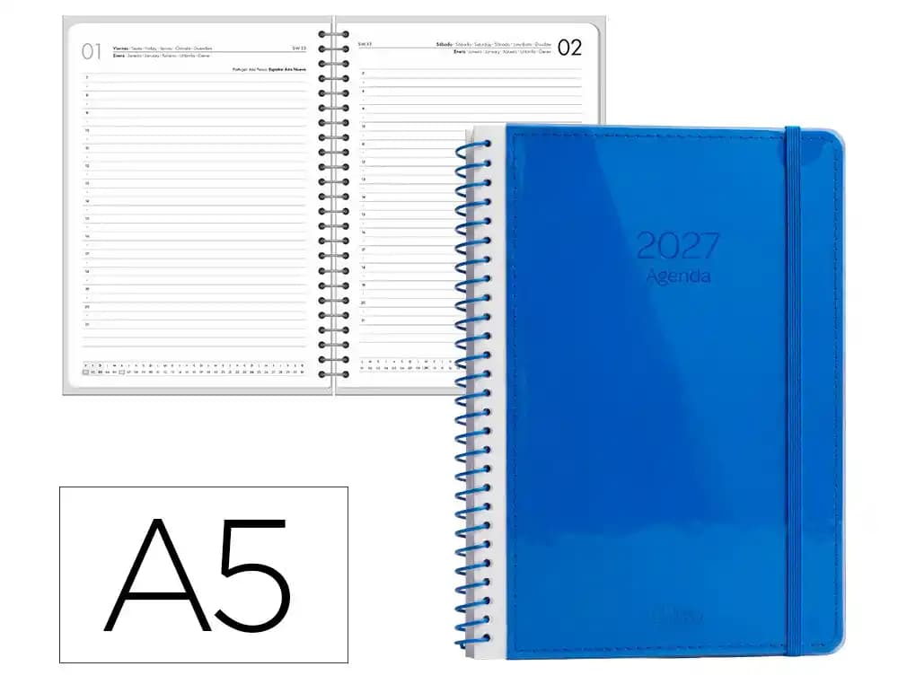 Agenda 2027 Liderpapel Neon con espiral, día página A5 (bilingüe) · Azul