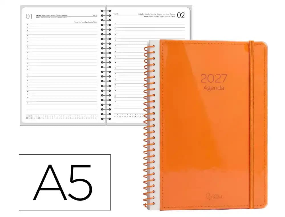 Agenda 2027 Liderpapel Neon con espiral, día página A5 (bilingüe) · Naranja