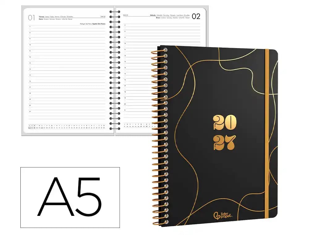 Agenda 2027 Liderpapel Perissa con espiral, día página A5 (bilingüe) · Negro